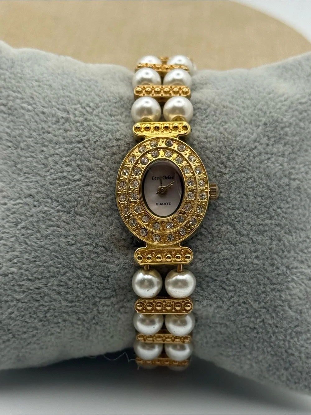 Womans Louis Delon Gold Crystal & Pearl Bracelet Watch